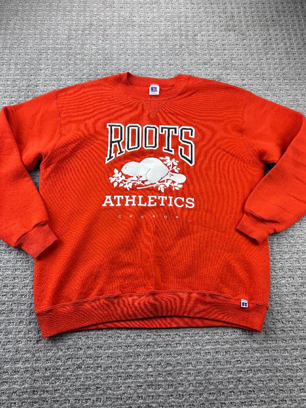 Vintage Roots Athletics Canada Sweater Men XL Orange Made in USA Russell